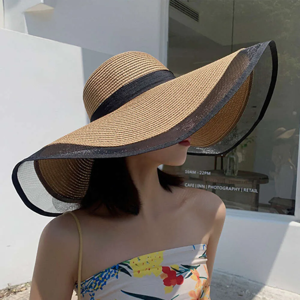 Stort brim halmtemperament organza fiskare kvinnors tunna skydd sommarlov strand sol hatt