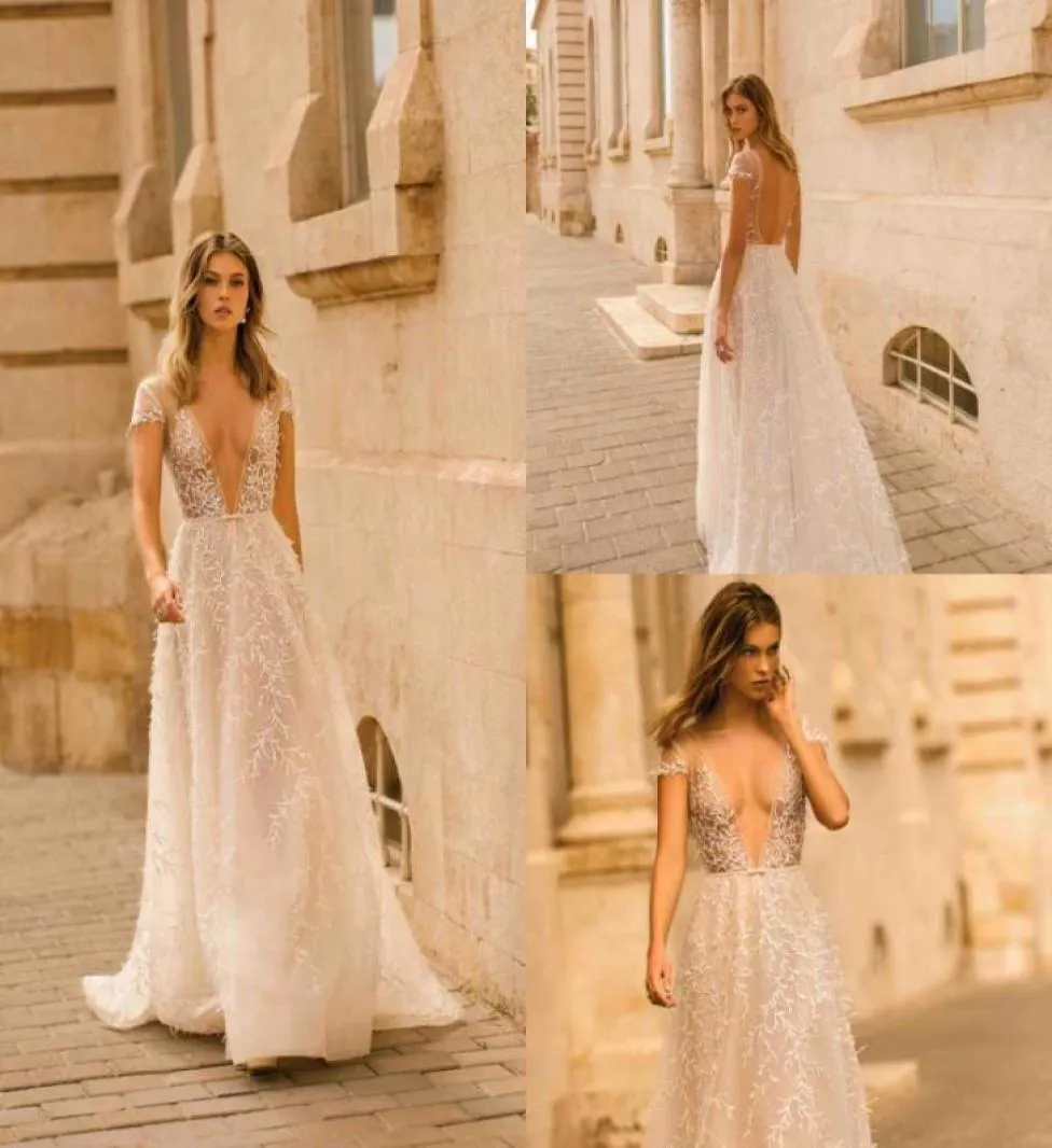 2020 sukienki ślubne Berta Deep v szyja koronka zastosowana linia seksowna bez pleców rękawów na plażę suknie ślubne Siez pociąg Boho Bridal 6814974