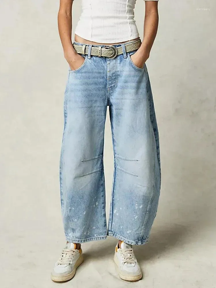 Jeans pour femmes Femmes Vintage Mid Taille Large Jambe Lâche Boyfriend Denim Pantacourt Droite Rise Y2K Barrel Streetwear2024