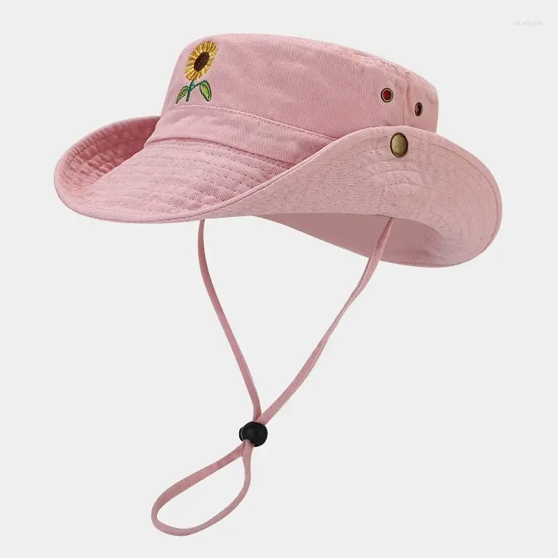 Berets ldslyjr Four Seasons Cotton Flower Embroidery Bucket Hat Fisherman Autdoor Travel Sun Cap for Men and Women 171