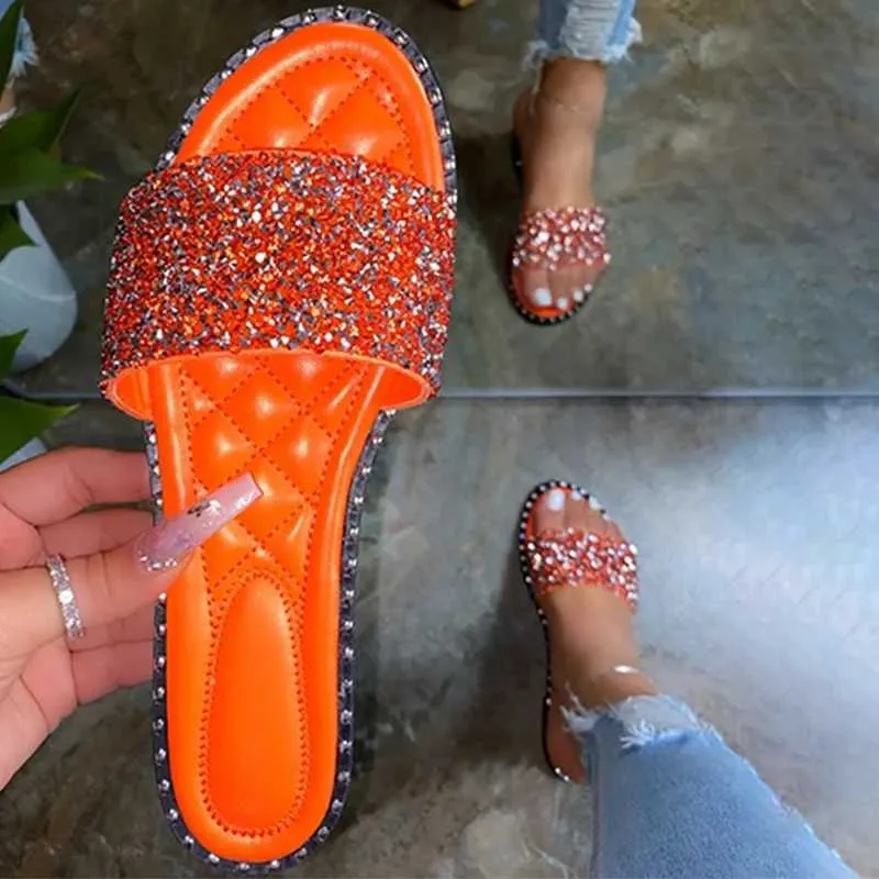 Hausschuhe Bling Strass Kristall Rutschen Frauen Sommer Flache Schuhe Nähen Sliders Frauen Großhandel Ins Trend 2022 H240325