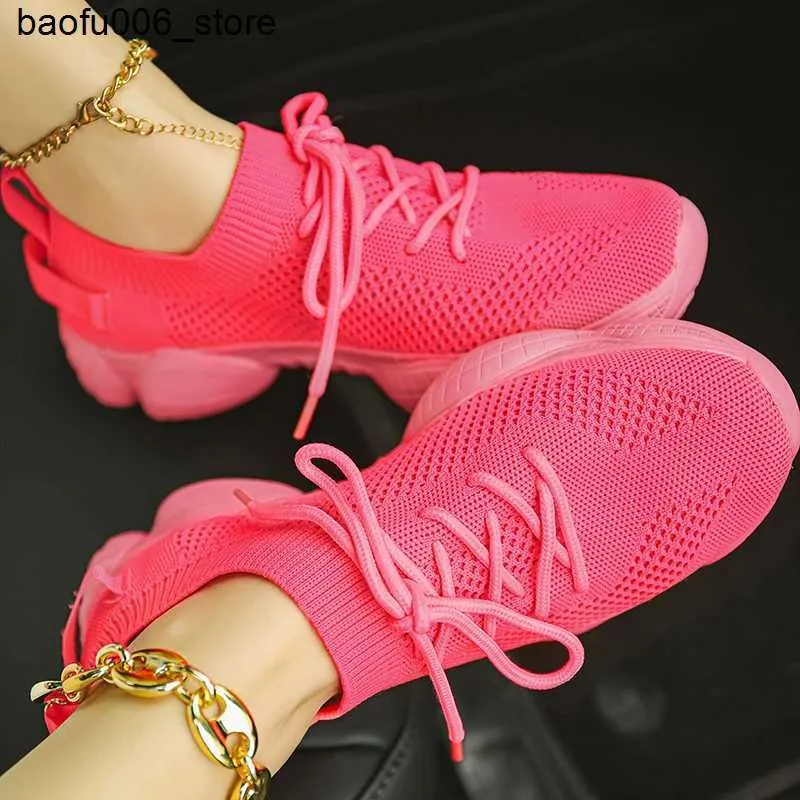 Casual Shoes Womens sports shoes breathable knitted casual womens socks shoes lace upper womens apartment womens spring vulcanized running shoes Q240320