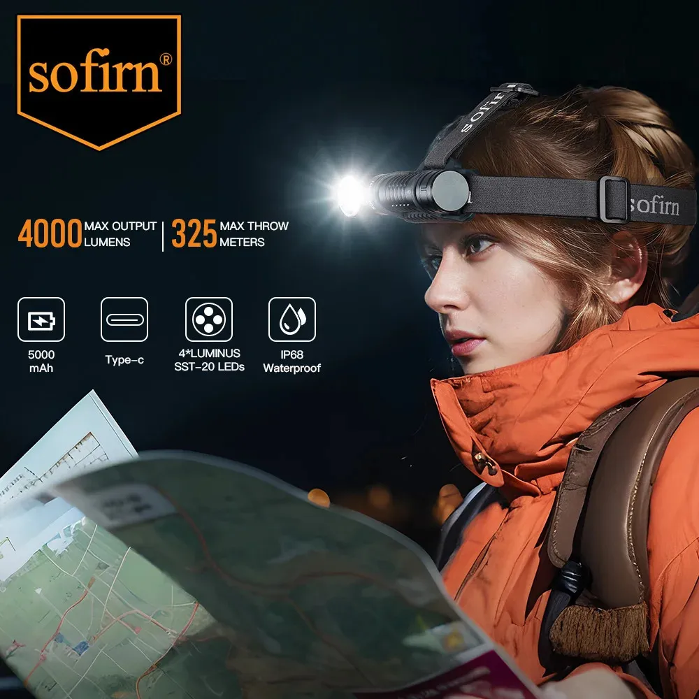 SOFIRN HS41 lampe frontale 4000lm 21700 USB C Rechargeable avec batterie externe lampe de poche SST20 torche LED indicateur queue magnétique 240306