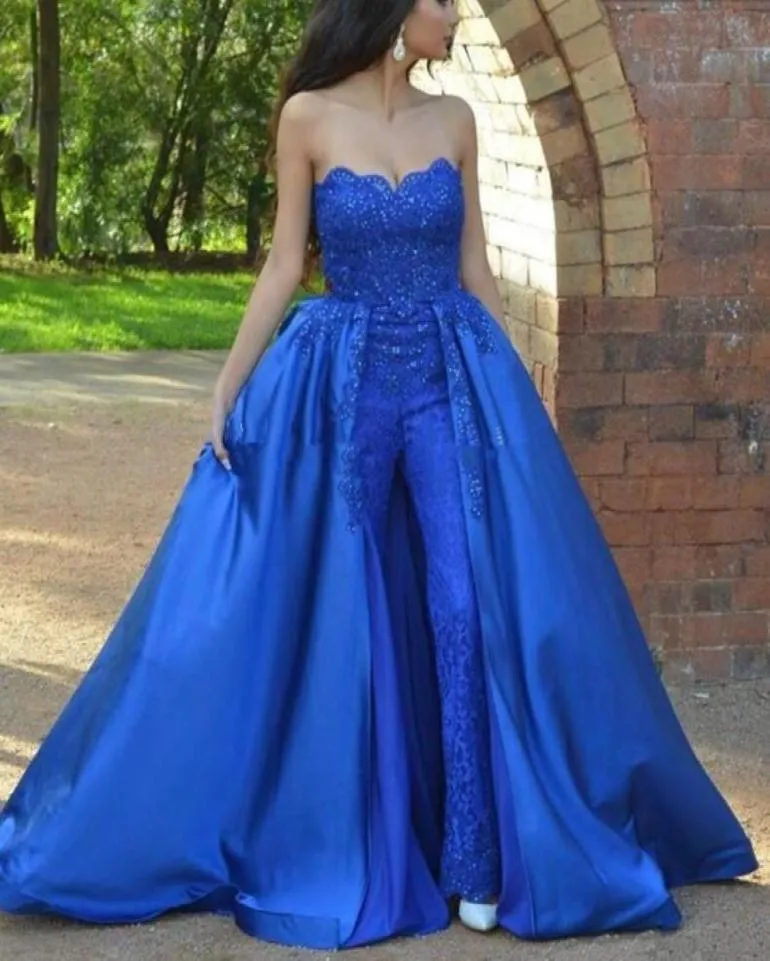 Скромные длинные кружевные комбинезоны Вечерние платья с верхней юбкой Элегантные платья с вырезом в форме сердца Королевские синие платья для выпускного вечера 20193705519