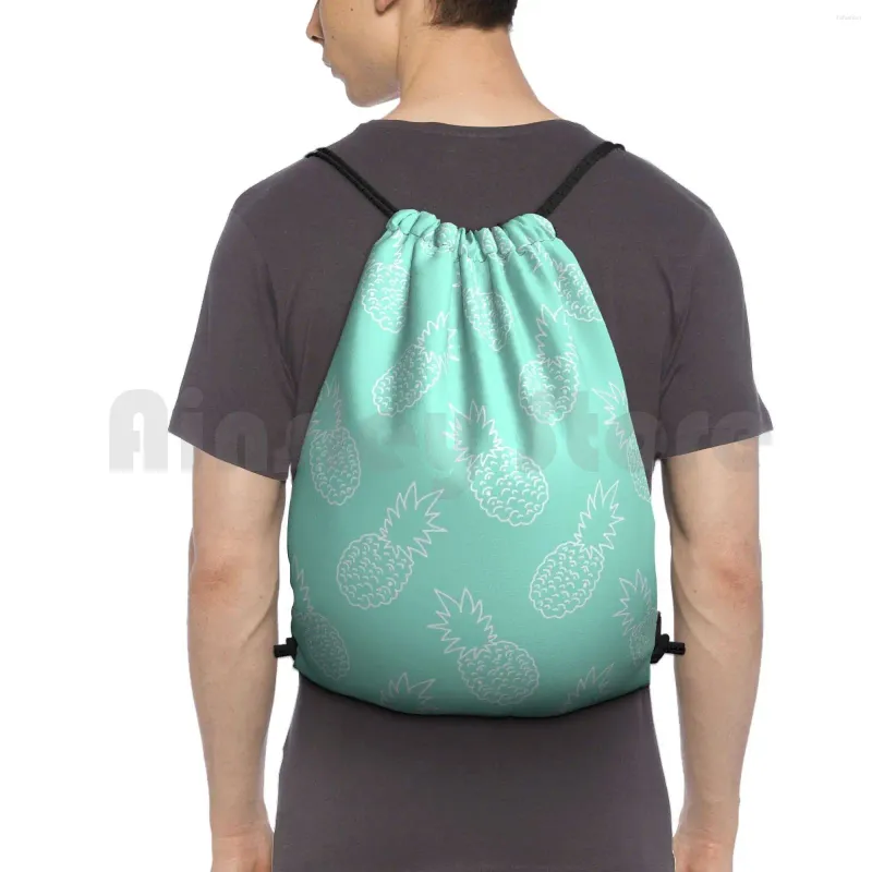 Backpack Pattern Drawstring Bags Gym Bag Waterproof Mint Green Patterns Tropical Exotic Fruit White Seamless