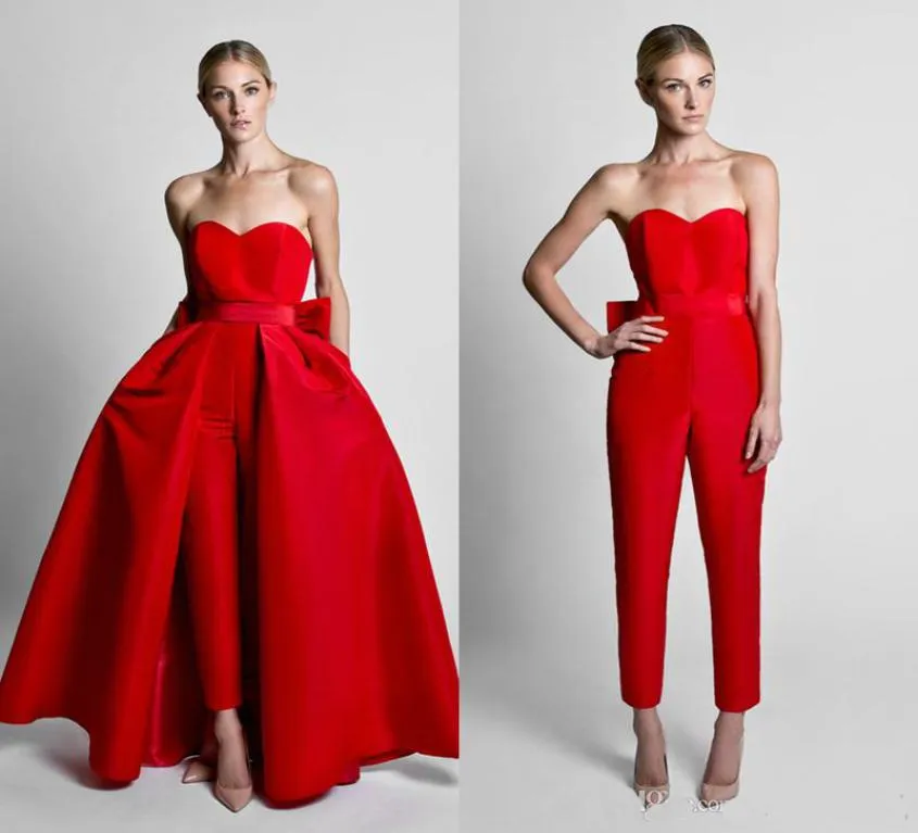 2019 Fashion Jumpsuit Evening Dresses With Convertible Skirt Satin Bow Back Sweetheart Strapless Waistband Weddings Guest Prom Gow3967844