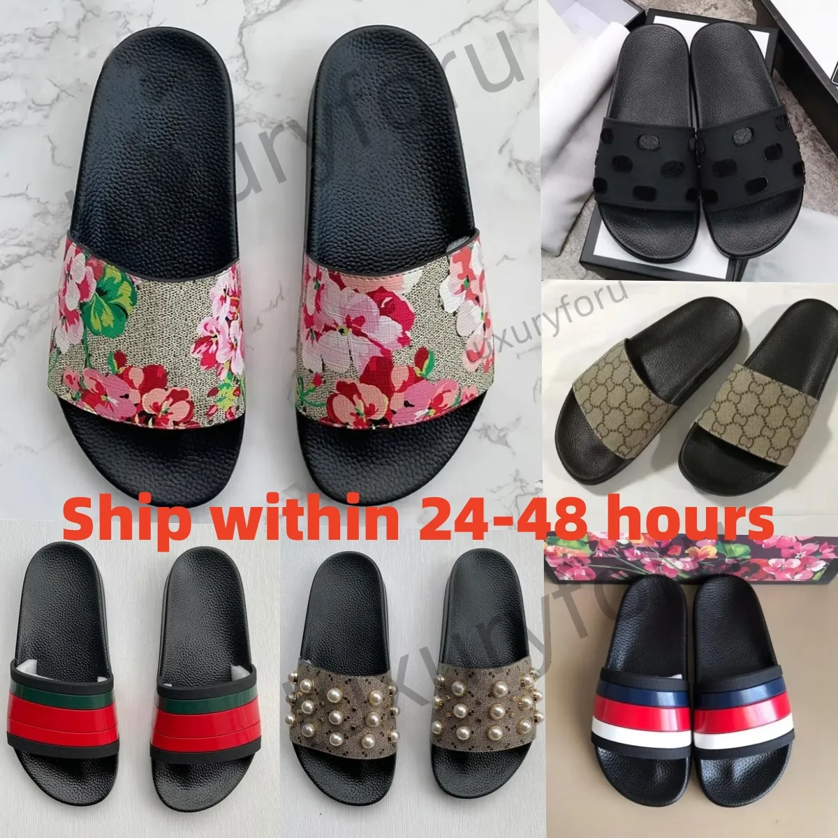 Diseñador Hombres Mujeres Sandalias con bolsa de polvo correcta Zapatos estampados zapatillas de playa de verano unisex de goma Zapatilla plana ancha tamaño 35-45