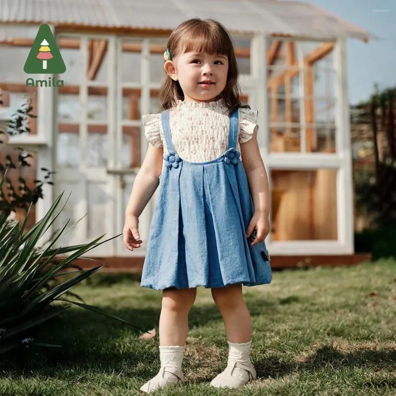 Abiti da ragazza Amila Gonna per bambini Set 2024 Abito estivo con bretelle in denim con top floreale Abbigliamento carino e dolce per ragazze 0-6 anni