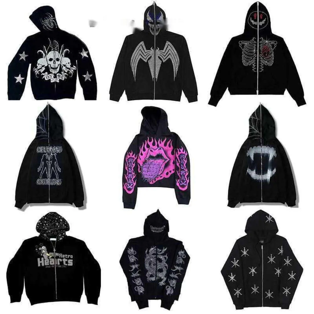 Sweats à capuche pour hommes Sweatshirts Y2K Sweat à capuche zippé pour hommes automne gothique strass toile d'araignée sweat-shirt Hip Hop Grunge squelette veste surdimensionnée Z230802