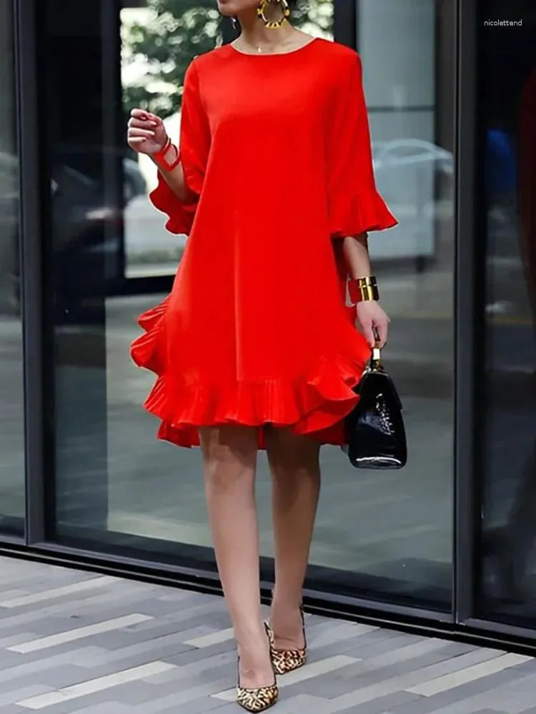 Partykleider Yeezzi Weibliche Halbarm Einfarbig Falbala Elegantes Abendkleid 2024 Frühling Sommer Lässiges rotes Midi für Frauen