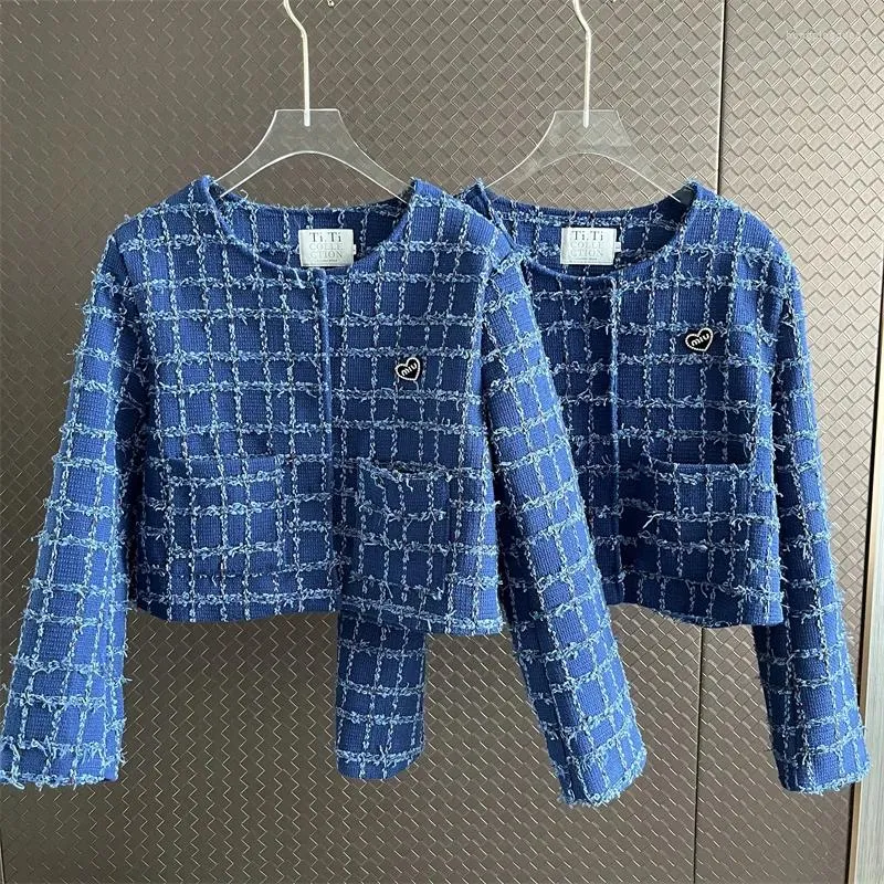 Jaquetas femininas azul pequena fragrância xadrez casaco curto feminino outono manga longa o pescoço casual chique moda feminina tweed elegante jaqueta q588