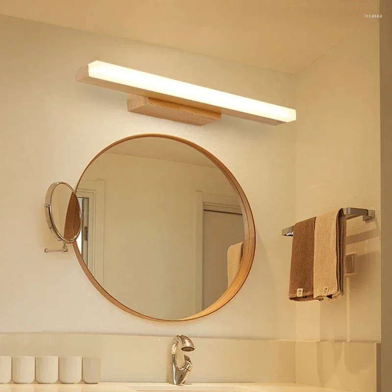 Vägglampa norra europeiska trä led spegel framljus modern enkel sovrum sovrum badrumsmakeup kosmetisk bord