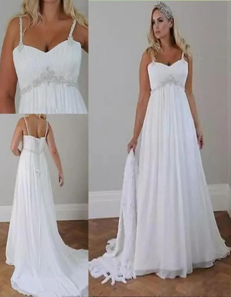 Cristaux grande taille robes de mariée de plage 2019 corset dos bretelles spaghetti en mousseline de soie longueur au sol taille empire robes de mariée élégantes 3506909