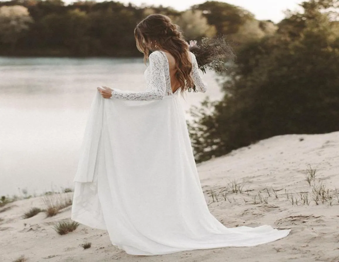 Neues Strandhochzeitskleid mit langen Ärmeln, Boho-V-Ausschnitt, offener Rücken, Brautkleider 2019, Chiffon-Hochzeitskleid mit Spitze novias1721820