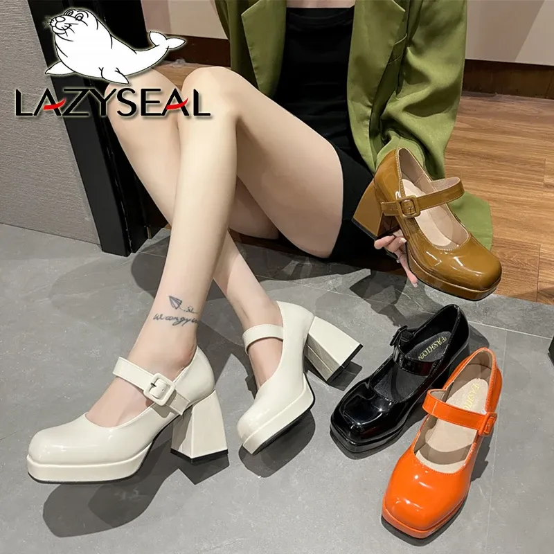 Boots LazySeal 8 cm High Heel Mary Janes Women Shoes Platform Square Toe Patent Leather Gladiator Sandaal voor dames plus maat 44