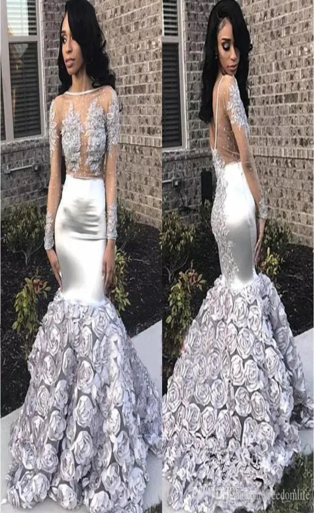 Magnifiques fleurs roses robes de bal sirène 2019 appliques perles pure robe de soirée à manches longues argent robes de satin extensibles de soir3393679