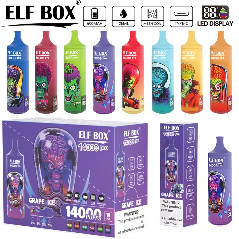 Elf Box 14000 Pro Puffs使い捨てEタバコ蒸気パフ14k 0％2％3％5％LEDディスプレイ1.0OHMメッシュコイル25mlプレフィルドポッド