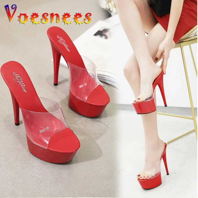 Chaussures de robe 2022 Pantoufles d'été 6 couleurs rouge blanc noir femmes plate-forme sexy discothèques T scène montre talons hauts 15cm plus-taille 34-41 H240325