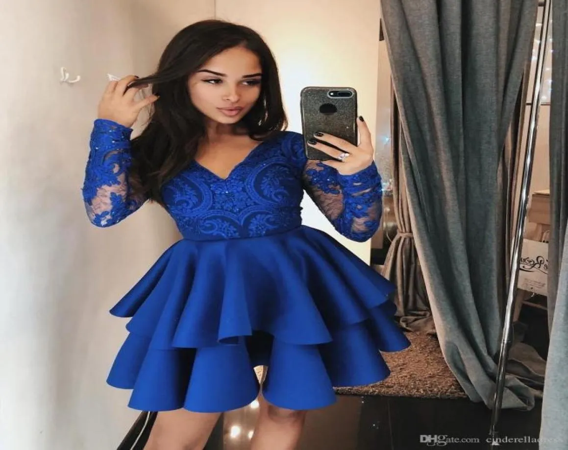 2019 Azul Royal Curto Cocktail Party Vestidos Com saia de Cetim em camadas vestidos de baile feitos sob encomenda Cheap6090177