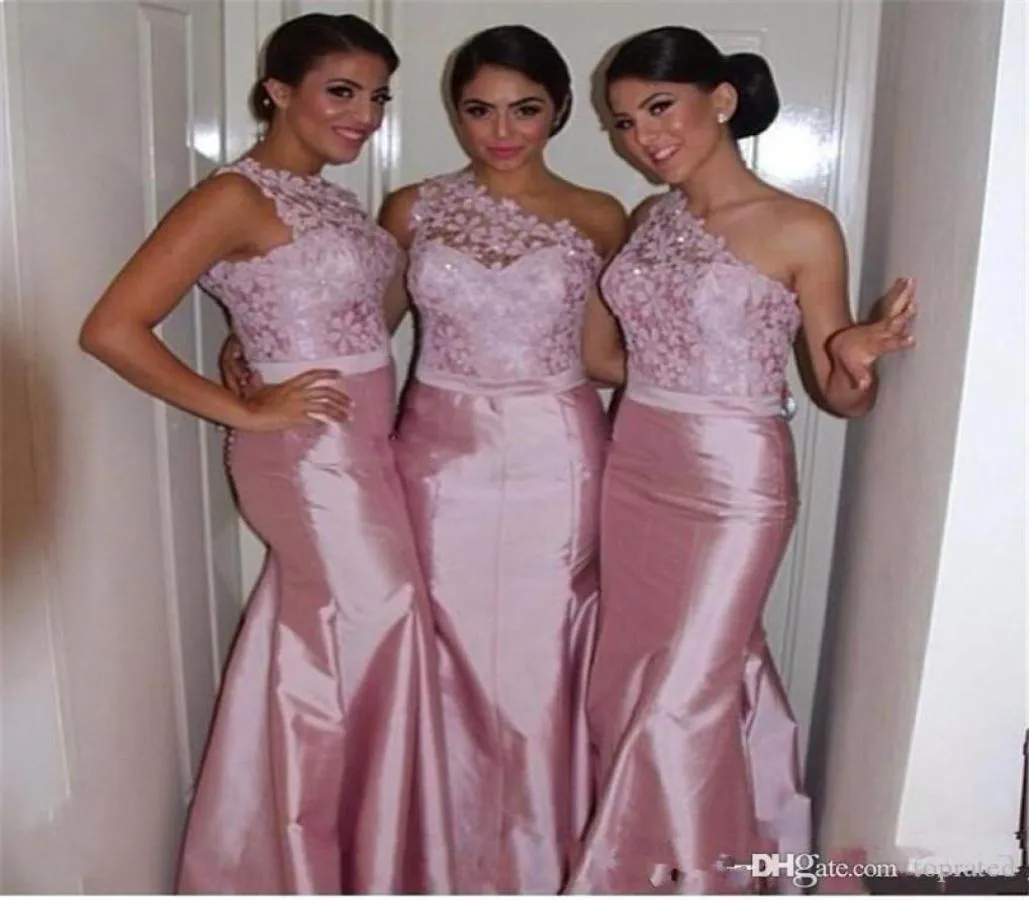 2020 Pink Lace Formal Mermaid Bridesmaid Dresses One Shoulder Sleeveless Sweep Train Wedding Guest Dress Custom Made Maid Of Honor2558214