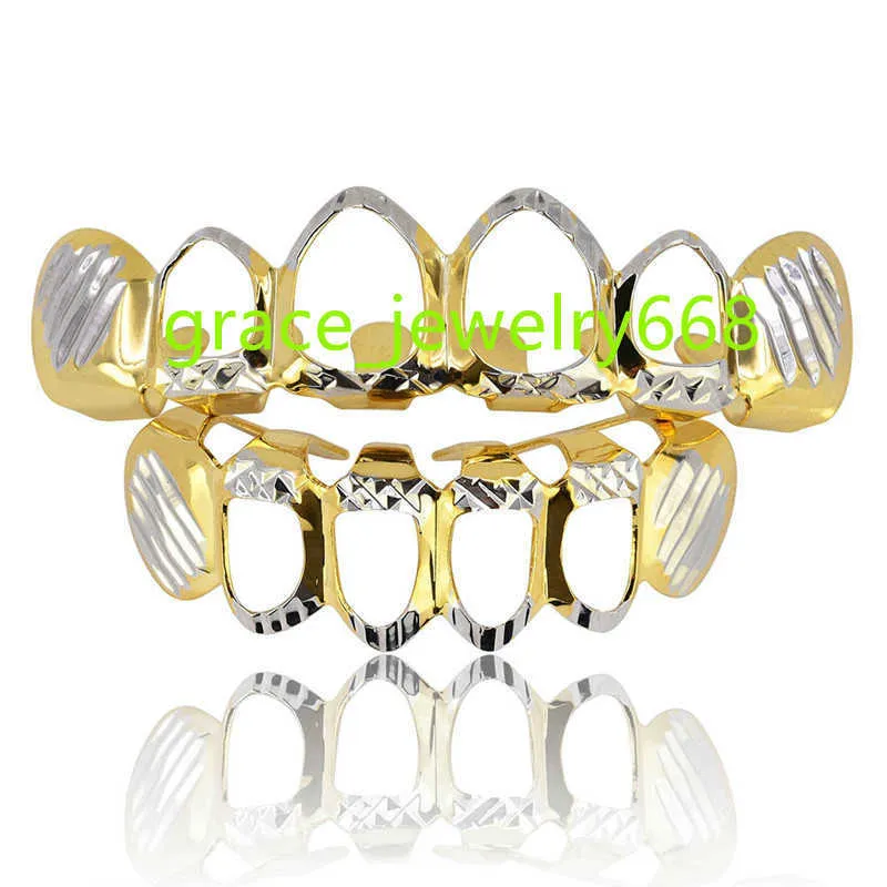 Denti in oro 18 carati Grillz Top Bottom Grills Dental Hollow Open Face Grill Vampire Fang Tooth Caps Body Jewelry Party