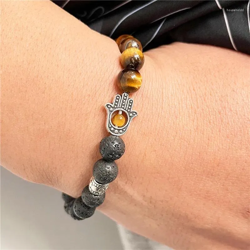 Bracelet à breloques en pierre de lave noire naturelle, brin de 8MM, élastique pour hommes et femmes, fait à la main, accessoires de paume de haute qualité