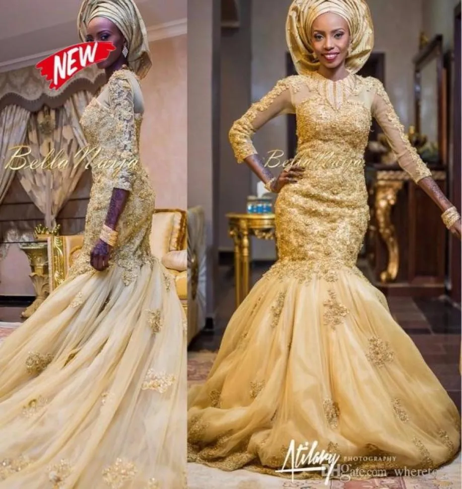 2021 Arabiska sjöjungfru guld spets bröllopsklänningar afrikanska nigerianska applikationer tre kvart ärmar brudklänningar med tyll wrap8261274