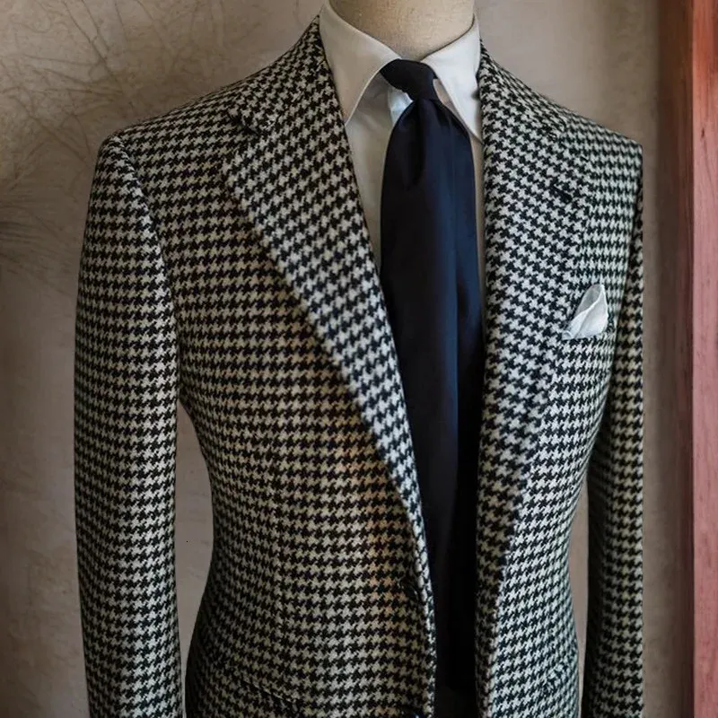 Houndstooth Zakelijke Blazer voor Mannen Plaid Notched Revers Jasje Formele Mannelijke Mode Jas 240304