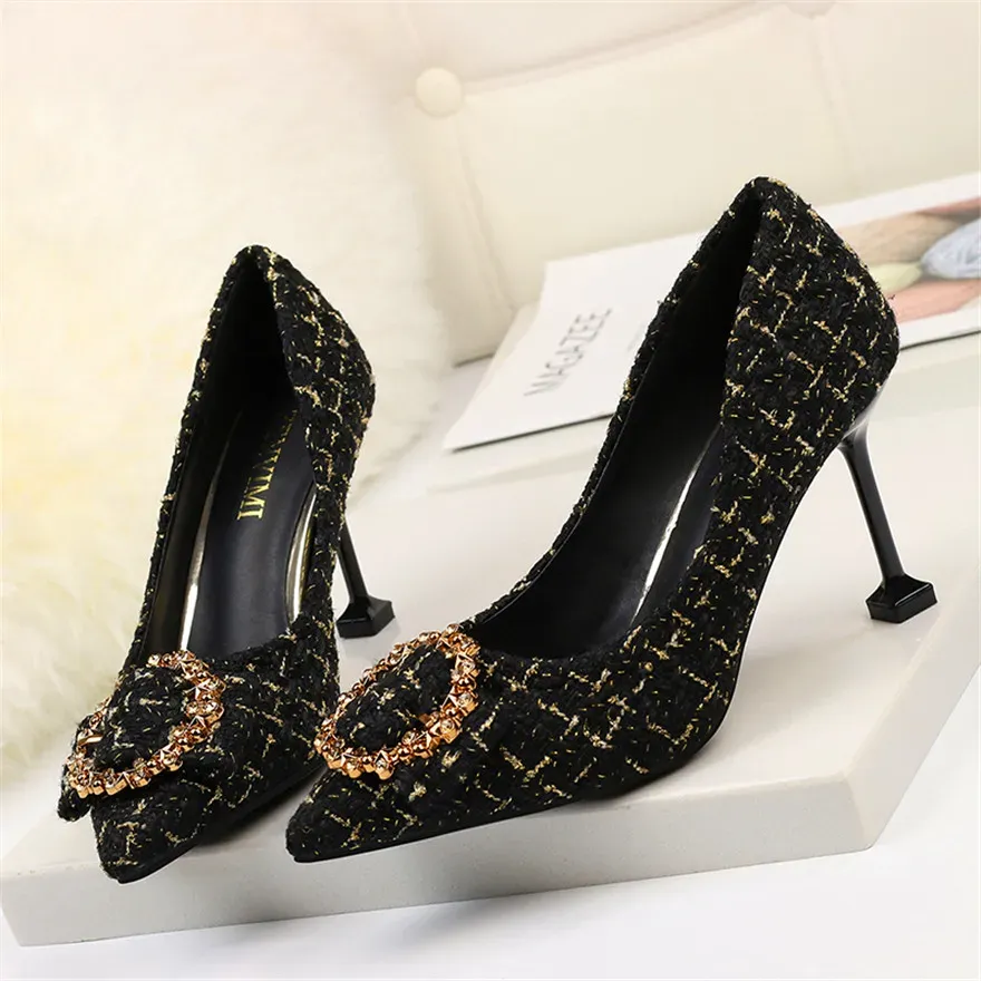 Frauen 929 Katzen Autumn Heel Pumps Schwarze Kostüm Tweed Damen sexy Party flacher Mode Crystal High Heels Büroschuhe S 88259 s