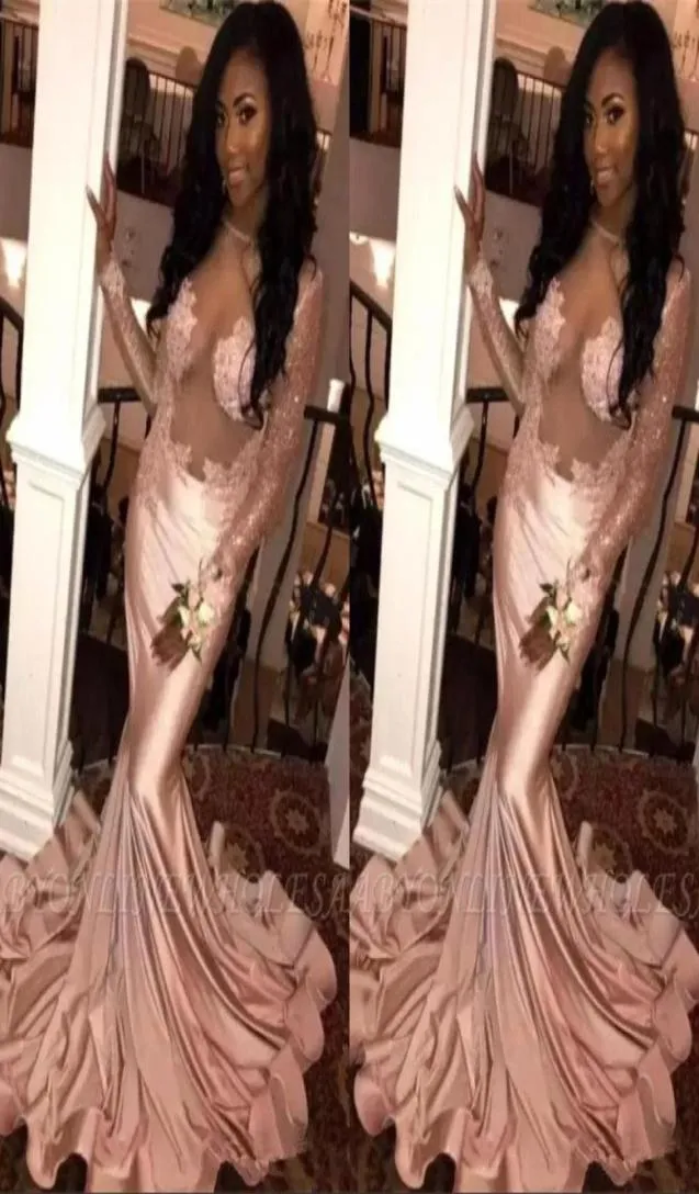 Dusky Pink Satin Mermaid Prom Dresses 2019 Illusion Top Sheer Long Seces Lace Applique Sweep Train Formal Party Evening Gowns5433626
