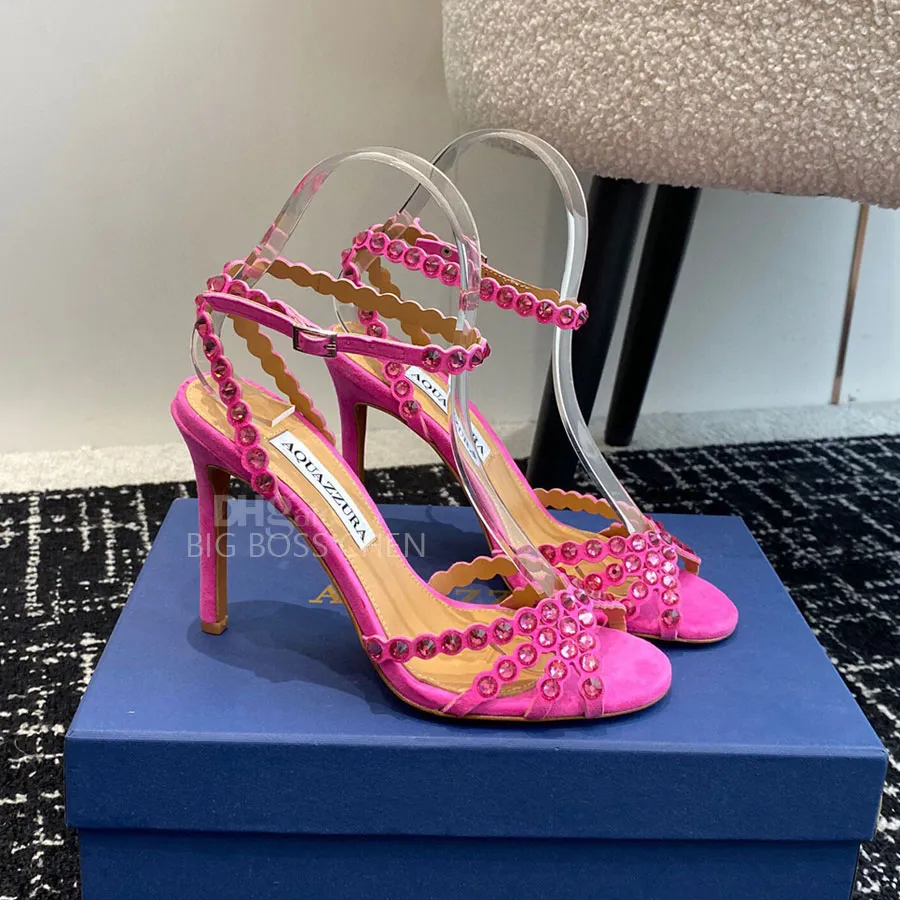 Aquazzura Босоножки на высоком каблуке со стразами и кристаллами из ПВХ с ремешком на щиколотке Туфли на шпильке Классические туфли 10 см Подошва из натуральной кожи Роскошные дизайнерские женские туфли на каблуке Вечерние туфли