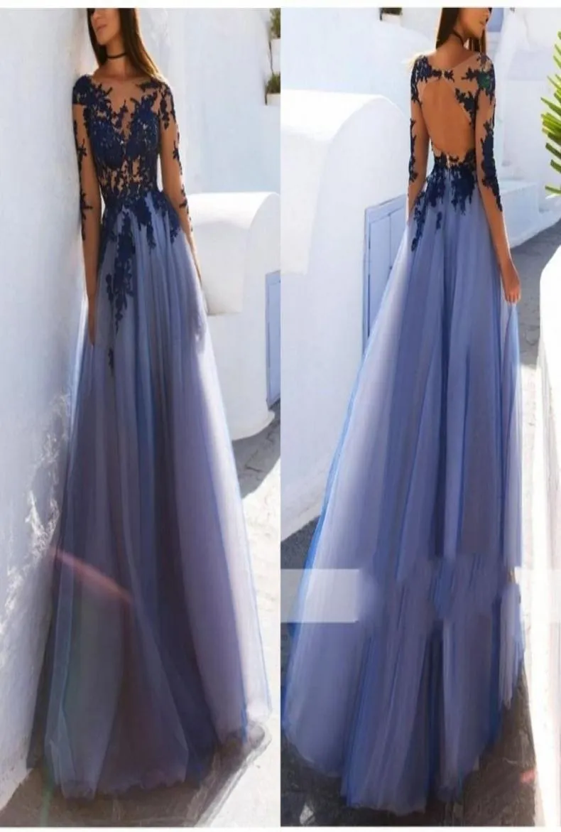 2022 Blue Aline Empire Tapi Sukienka balowa z iluzją Long Sleeve 3D Floral Applique Bateau Open Back Formal Suknia wieczorowa 6705921