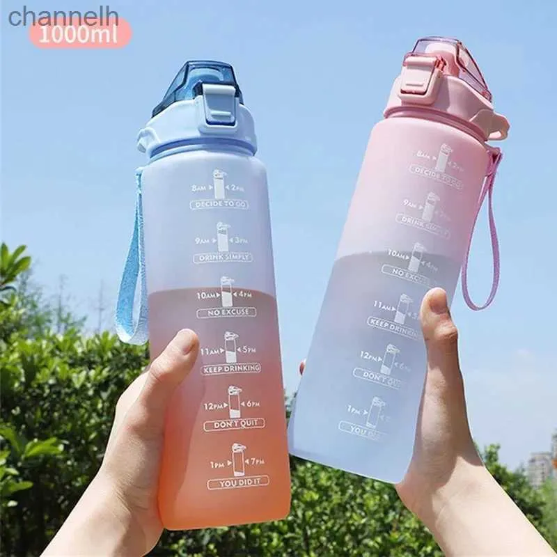 Bouteilles d'eau 1 litre bouteille d'eau avec paille femmes filles grandes bouteilles de voyage portables sport Fitness tasse été eau froide avec échelle de temps yq240320