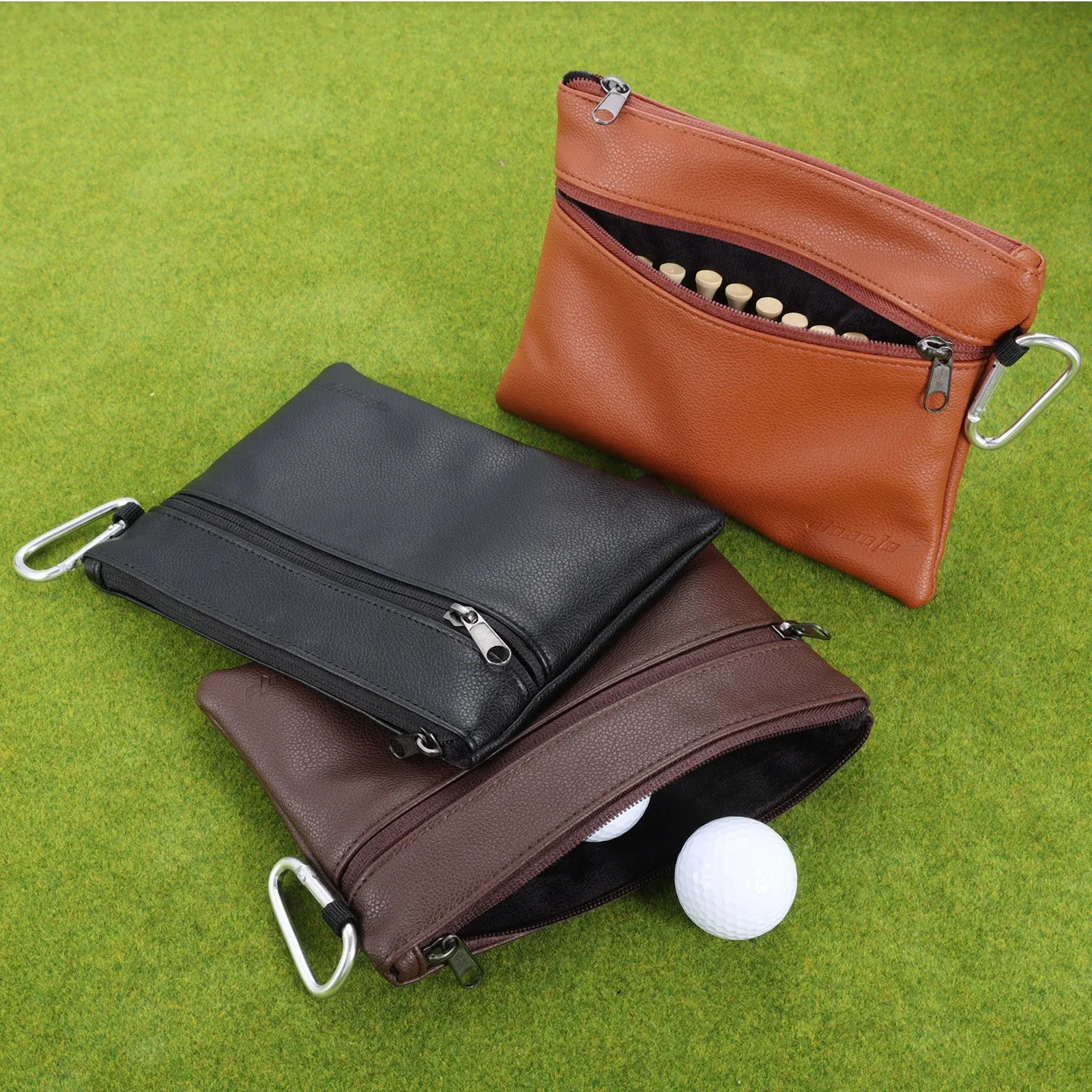 Sacs 1Pc Portable en cuir PU sac de balle de Golf pochette accessoires fermeture éclair conception balles de Golf/Tees sacs de rangement de poche avec crochet en métal