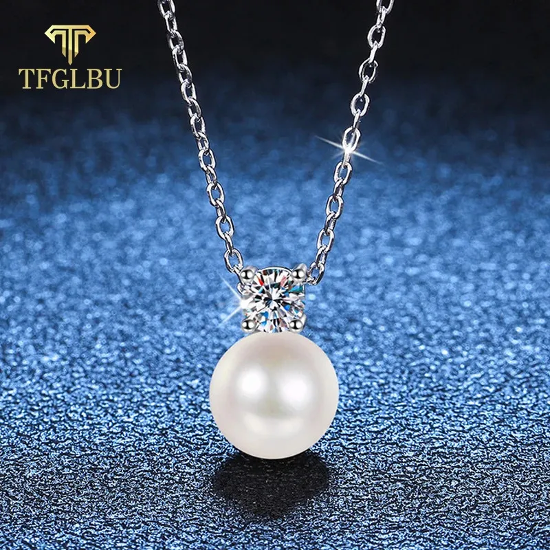 TFGLBU D Colore 0.3CT Collana da donna 8mm Pendenti con perle 100% argento sterling 925 Data di matrimonio Gioielli Elegante catena 240305