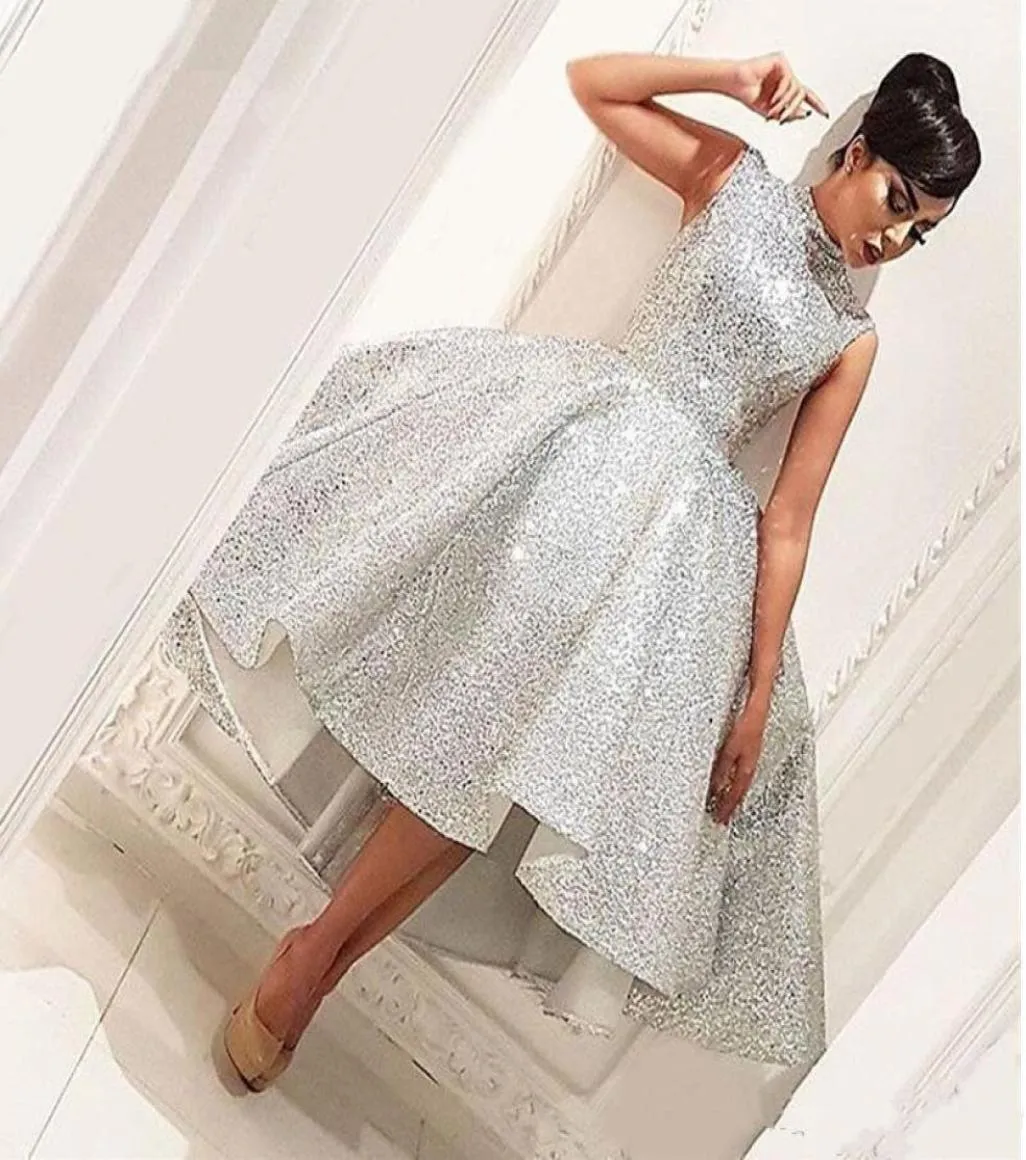 BLING SILVER 2019 NYA HOMECOMING Dresses High Low Sekvensed ärmlös Muslim Saudi Arabic Long Formal Evening Gown Prom Dress1224686