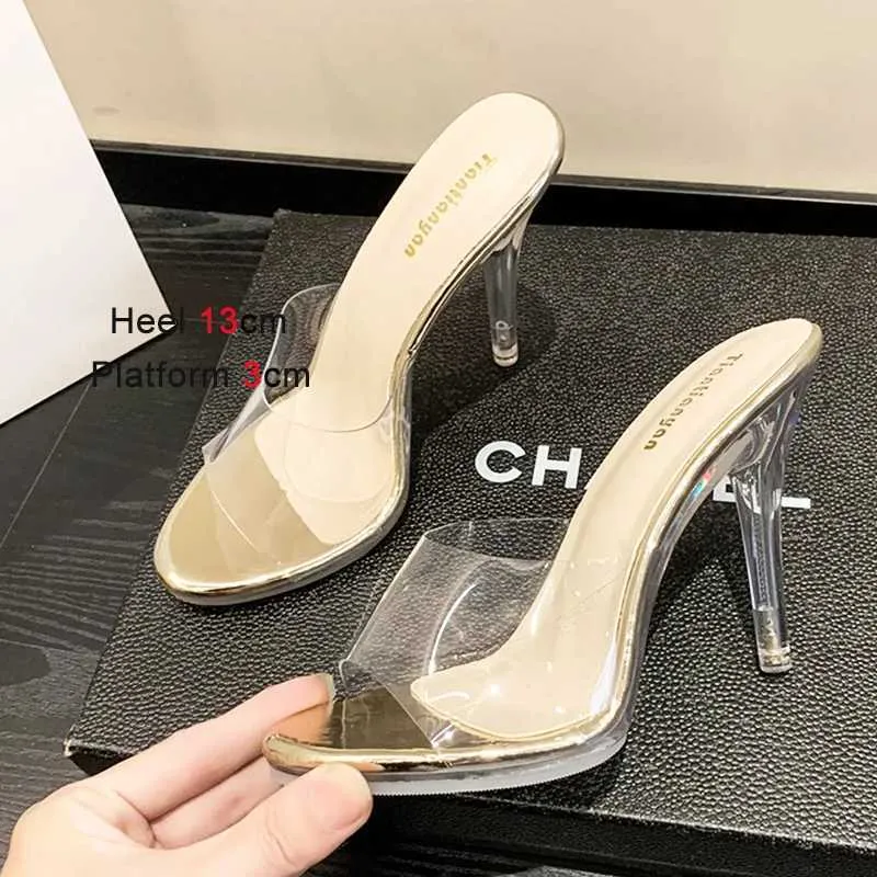 Kleidschuhe Sommer 13 cm High Heels Pumps Frauen Kristall Dünne Ferse Sandalen Sexy Transparente Plattform Rutschfeste Hausschuhe Vielseitige ModelleP63G H240321