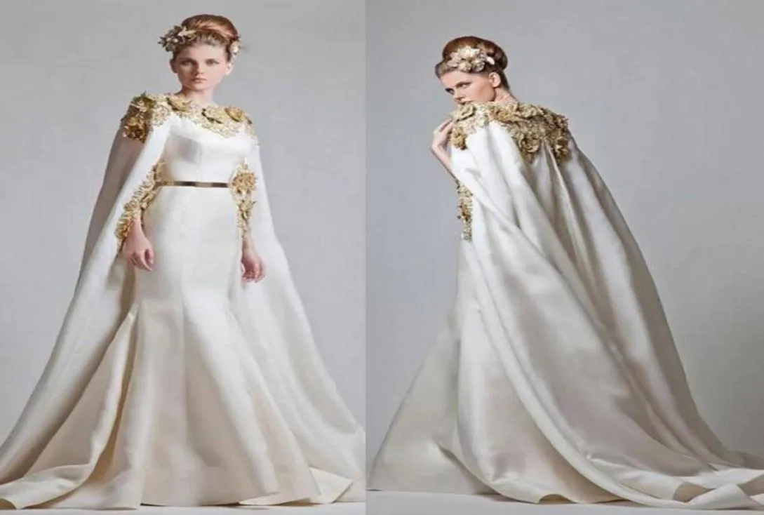 Fantasia elegante Zuhair Murad vestidos de noite apliques de ouro cetim sereia vestidos de baile com capa varredura trem árabe saudita formal wea2023382