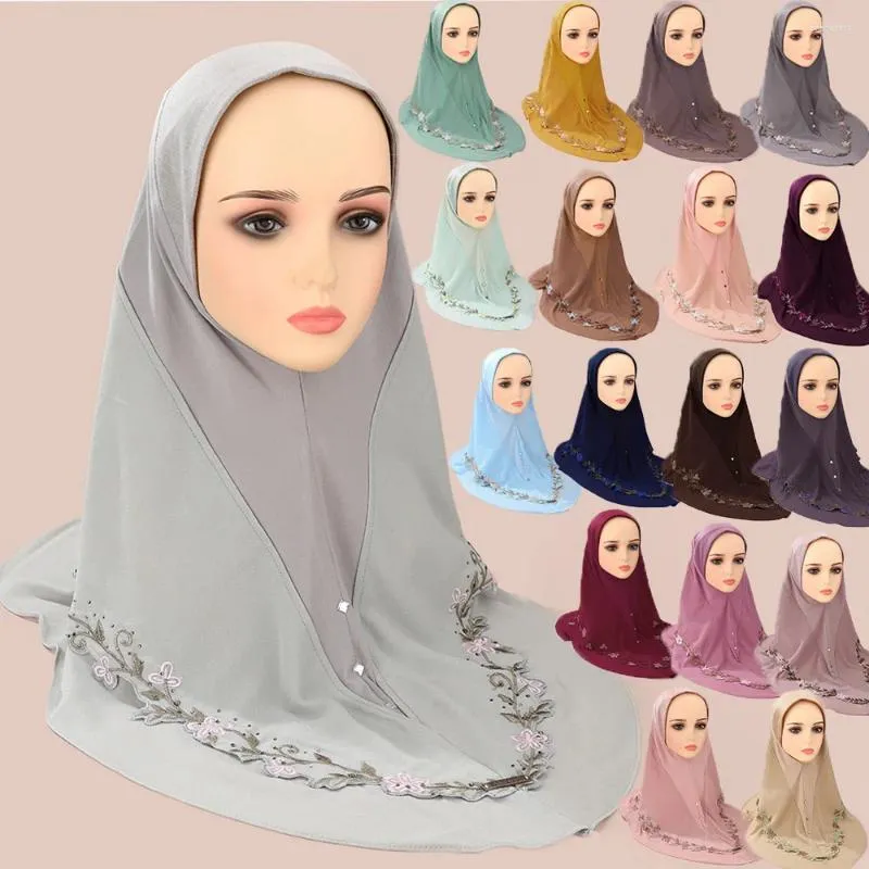 Scarves Embroidery Floral Hijab Arab Solid Color Turban Islamic Fashion Khimar Muslim Soft Women Wear Directly Instant Scarf