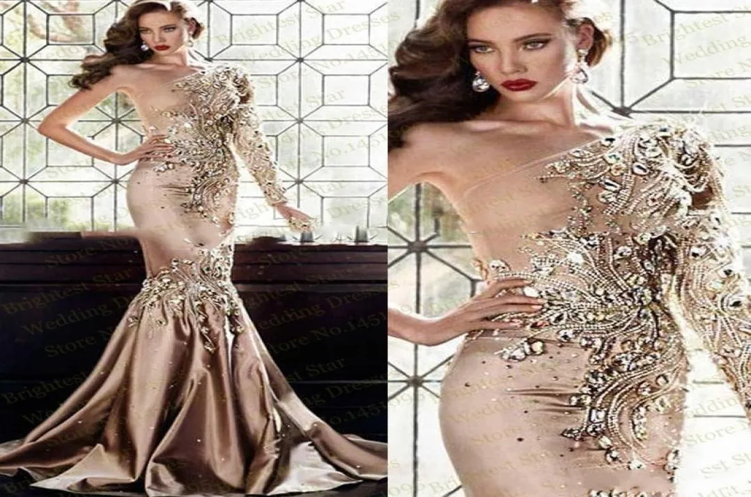 2019 Luxury Zuhair Murad Crystal Dresses Evening Wear Dubai One Shoulder Rhinestone Formal Gowns Muslim Long Sleeve Gold Prom Dres4301711