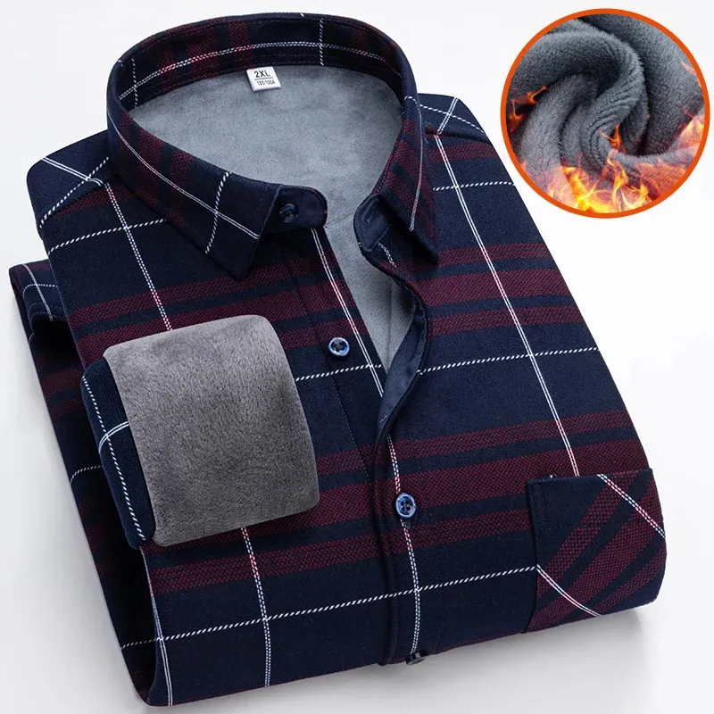 Outono inverno engrossar camisa de lã masculina negócios camisa xadrez manga longa roupas quentes turn down colarinho botão acima camisas clássico 240318