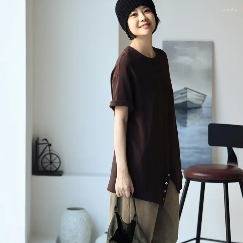 T-shirts pour femmes MICOCO T7670C tempérament artistique fente boutonnage daim chaud ample col rond avec T-shirt à manches courtes