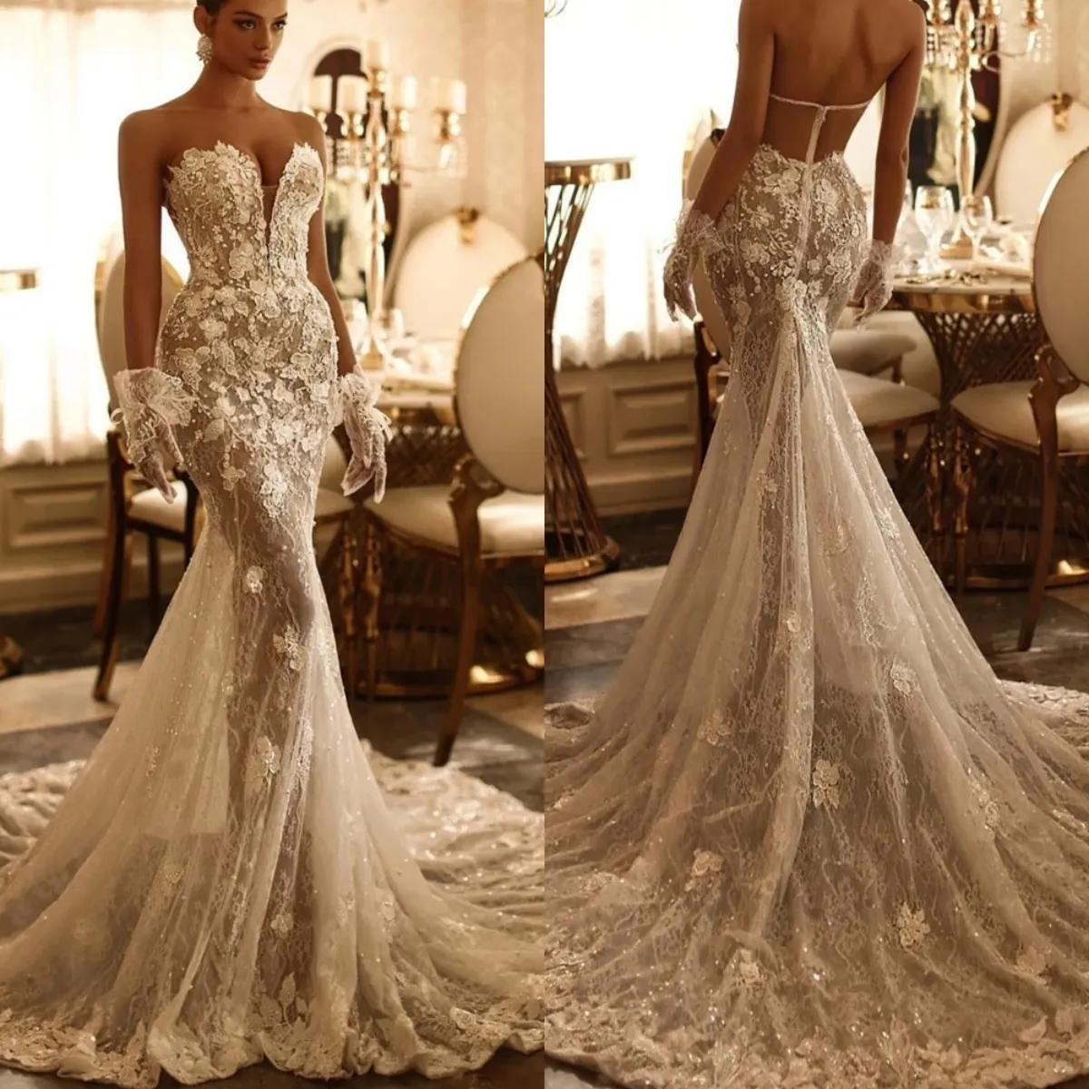 Elegant 3D Ral Appliques Mermaid Bridal Gowns Lace Strapless