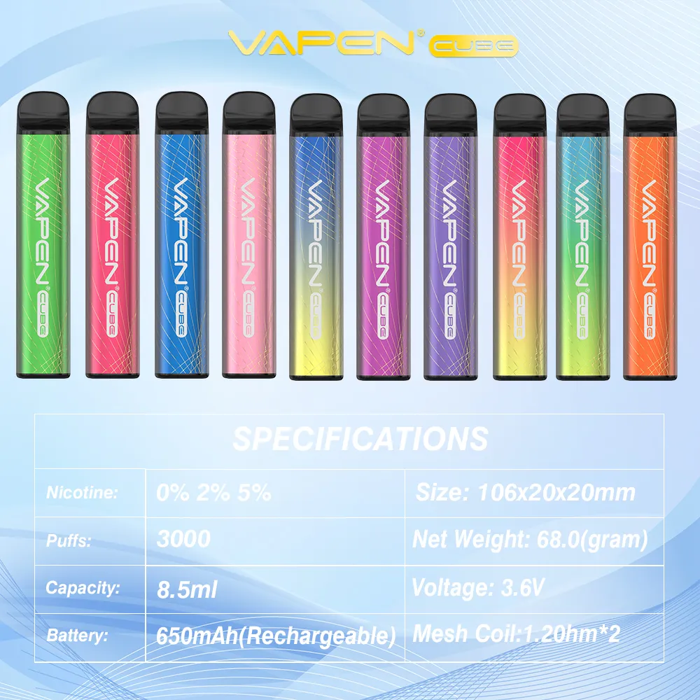 Original Vapen Cube Desechable Vape E Cigarrillos Kit de inicio 3000 Puffs Pluma Precargada Pod 1000mah Batería 0% 2% 5% Vaporizadores UE al por mayor NO necesita carga Mejor sabor Vapes