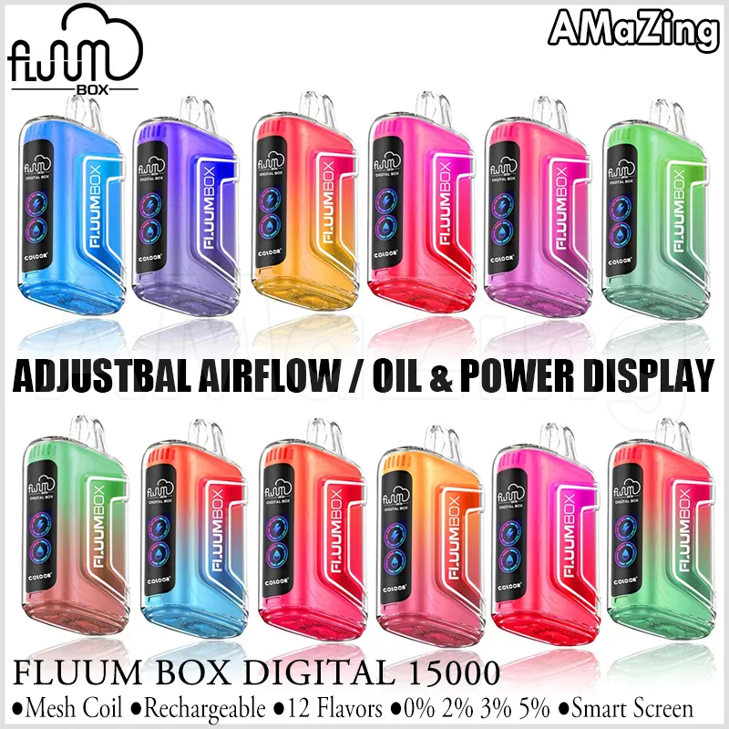 Fluum Digital Box 15000 Puffs Puff 15K Disponible Vape Digital Display Mesh Coil Rechargeable E Cigaretter 0% 2% 3% 5% TN15000 Vaper