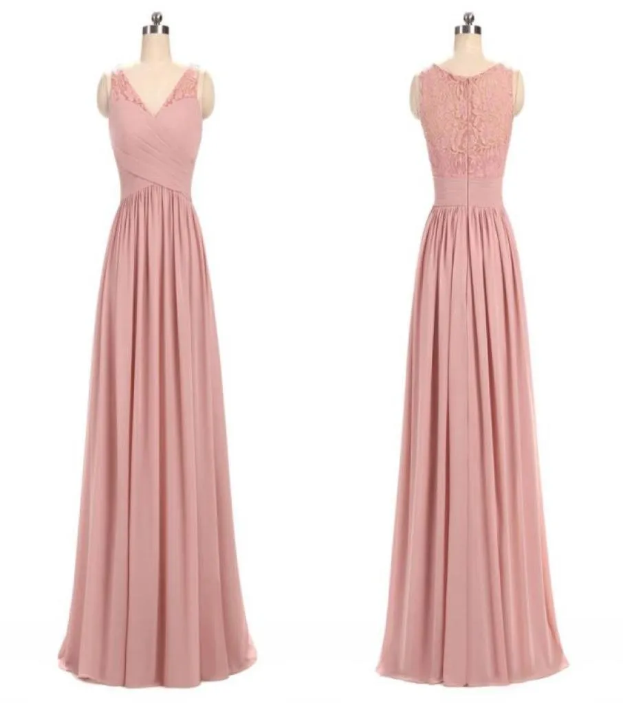 Dusty Rose Rosa Chiffon Lace Vestidos de dama de honra com decote em V plissado babados até o chão longos vestidos de dama de honra vestidos de festa de casamento8811827