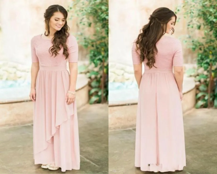 2019 modesto rosa empoeirado vestidos de dama de honra longos com meia manga renda chiffon país casamento vestidos de dama de honra boho mangas cus7147663