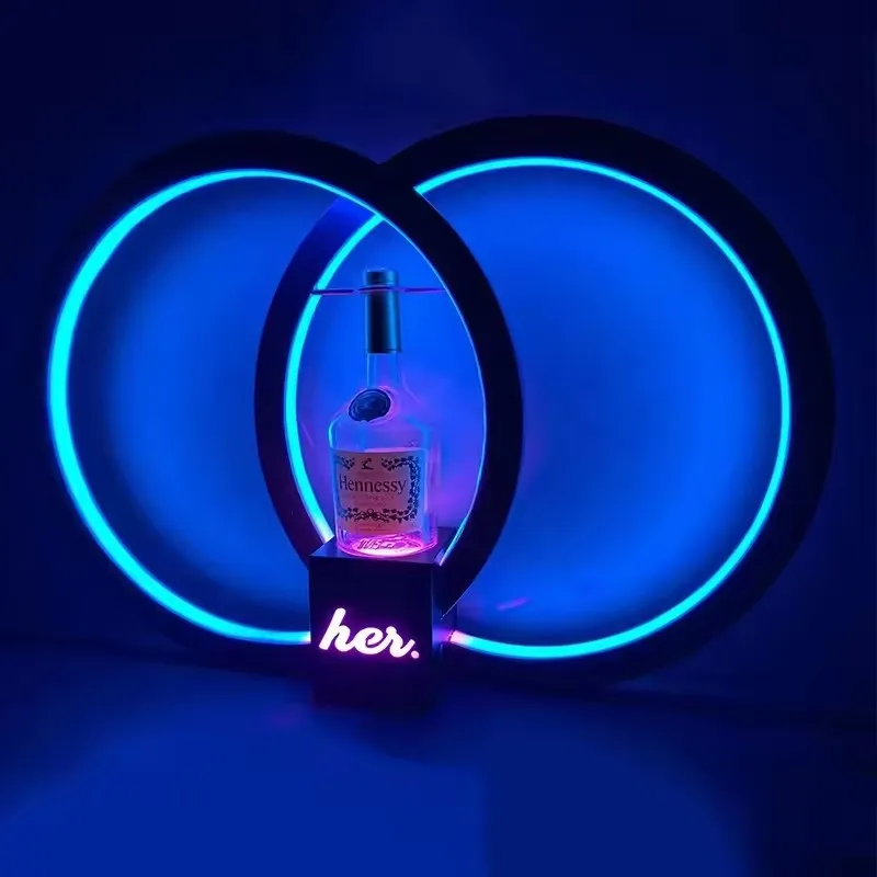 Anéis duplos led barra prateleira iluminar garrafa de licor display apresentador final led vinho champanhe hennessy garrafa vitrine transportadora