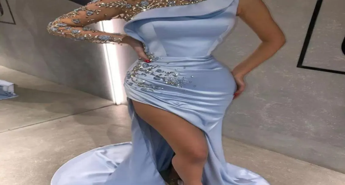 2022 novo árabe aso ebi brilhante luz céu azul sexy bainha sereia vestidos de baile lantejoulas sheer pescoço vestido de noite alta divisão lateral f2370647