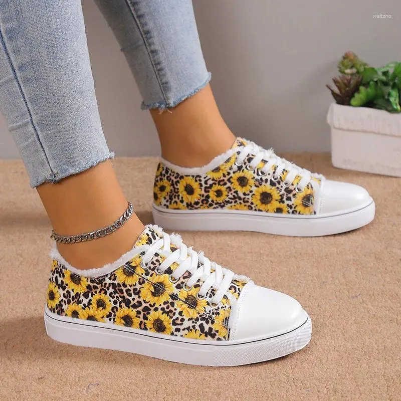 Casual Shoes Plus Size 43 Women's Flat 2024 Sunflower Print Lace Up Canvas Outdoor Versatile Walking Vulcanized